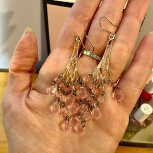 Pink beaded chandelier silver earrings